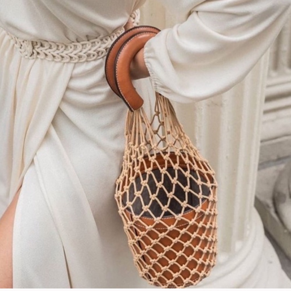 STAUD Beige Net Bucket Bag with Brown Leather Handle
